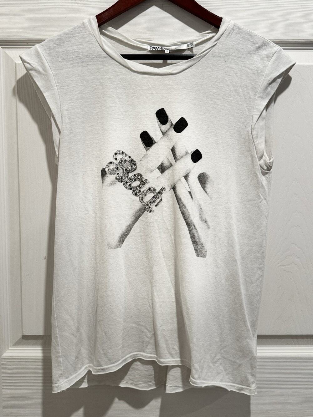 Pam & Gela White Short Cap Sleeve Graphic Tee Shirt Cotton Rhinestone BAD Small